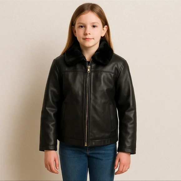 Cherokee Girls Medium Genuine Black Leather Jacket with Faux Fur Collar Biker - Picture 2 of 5